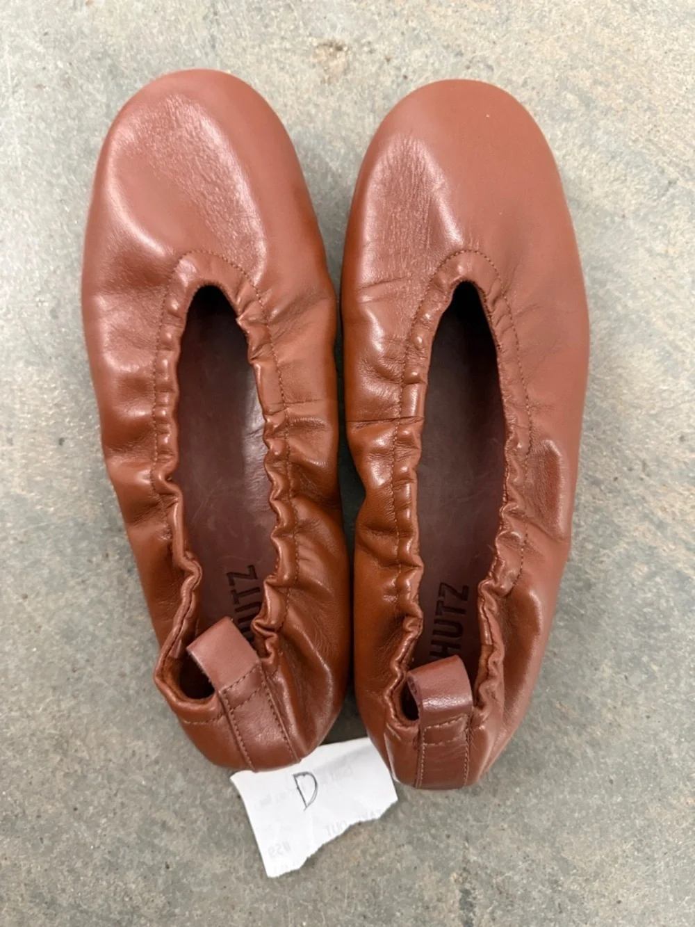 SCHUTZ Cognac Leather Gathered Ballet Flats